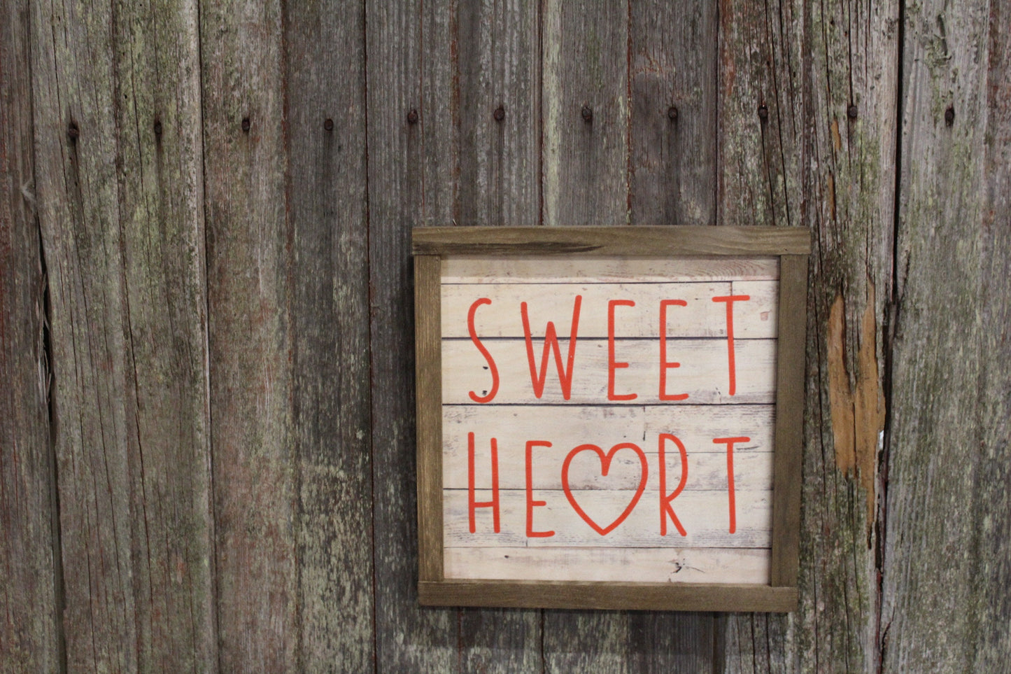 Valentines Wood Sign Sweet Heart Sweetest Day Valentines Day Hearts Red Shiplap Brown Framed Print Wall Art Farmhouse Primitive Rustic Text