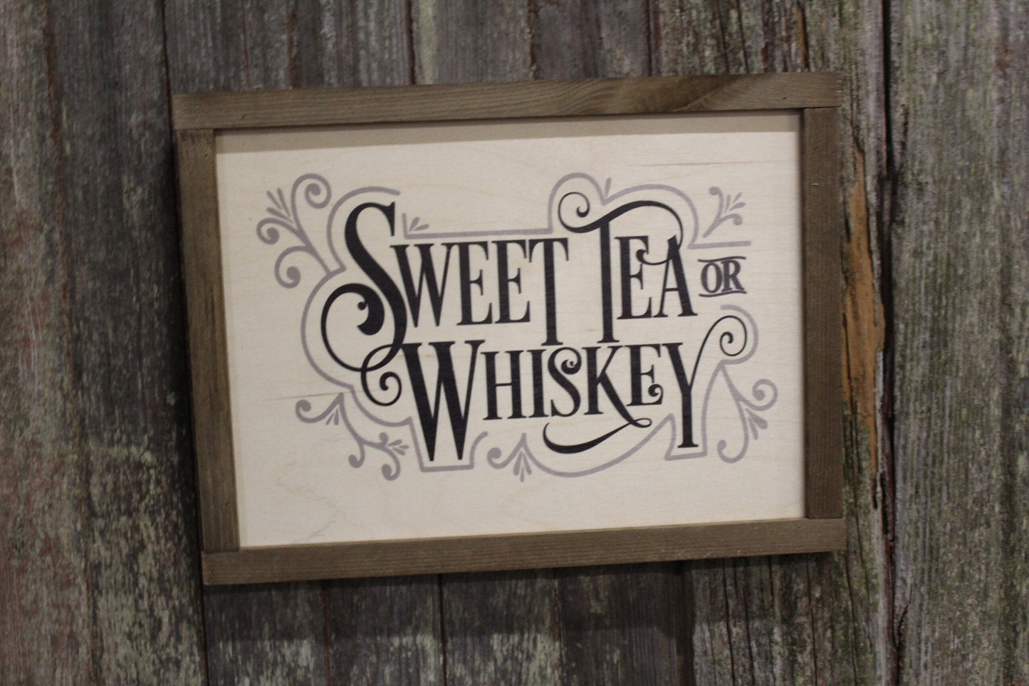 Sweet Tea or Whiskey Wood Sign Farmhouse Wall Decor Picture Print Primitive Rustic Barn Wood Script Text Kitchen Porch Sign Wood Frame