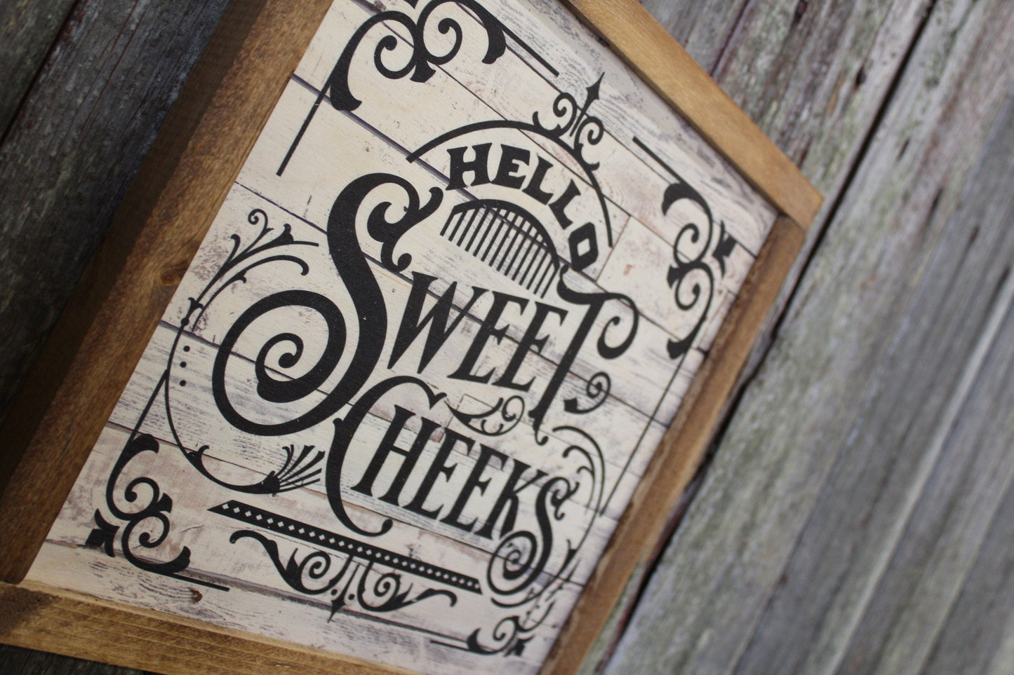 Hello Sweet Cheeks Bathroom Wood Sign Décor Print Wall Art Decoration Wall Hanging Farmhouse Rustic Shiplap Funny Humor Retro Scroll