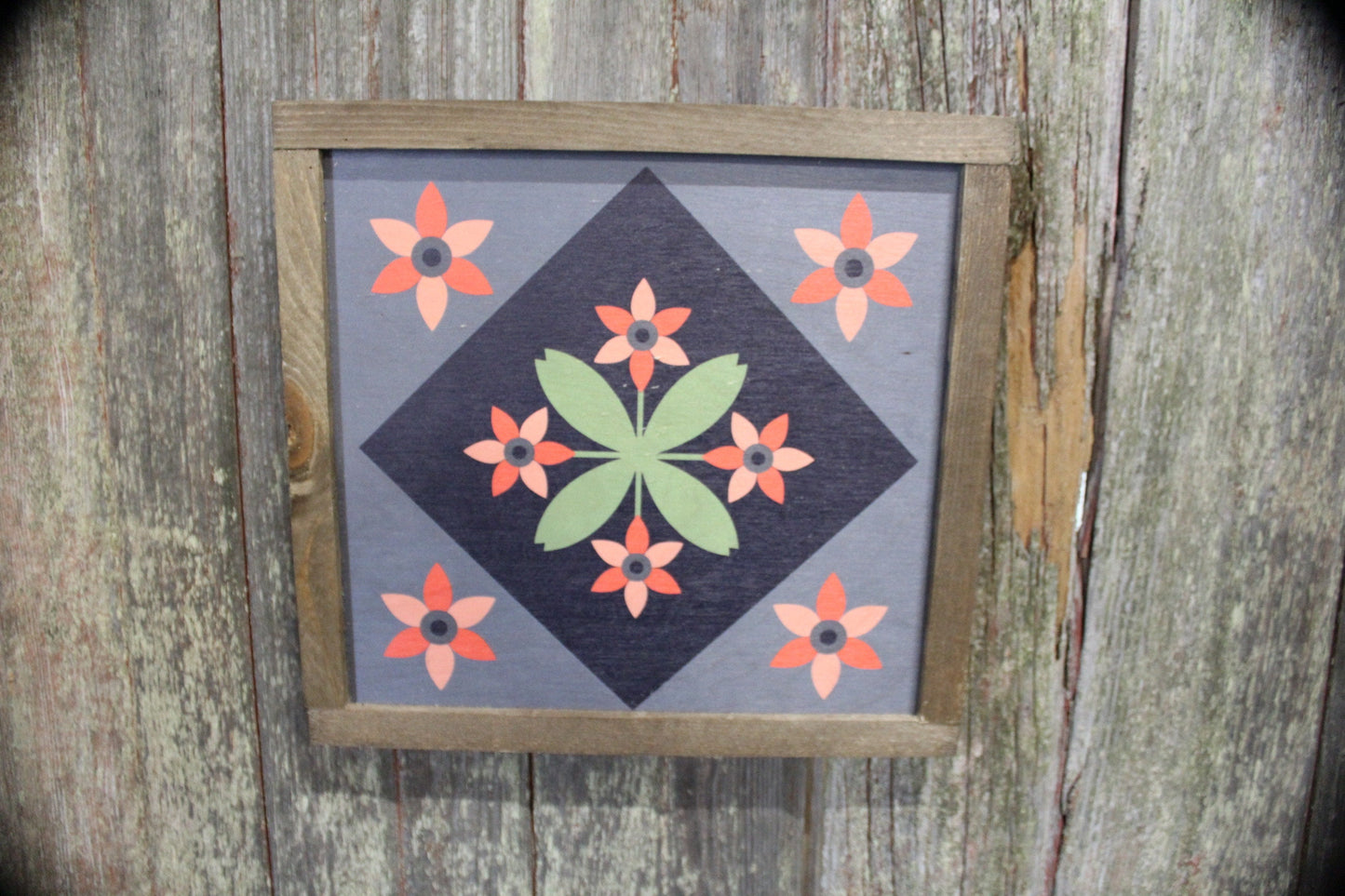 Flower Barn Quilt Wood Floral Bloom Diamond Sign Pastel Country Brown Framed Square Pattern Block Print Wall Art Farmhouse Primitive Rustic