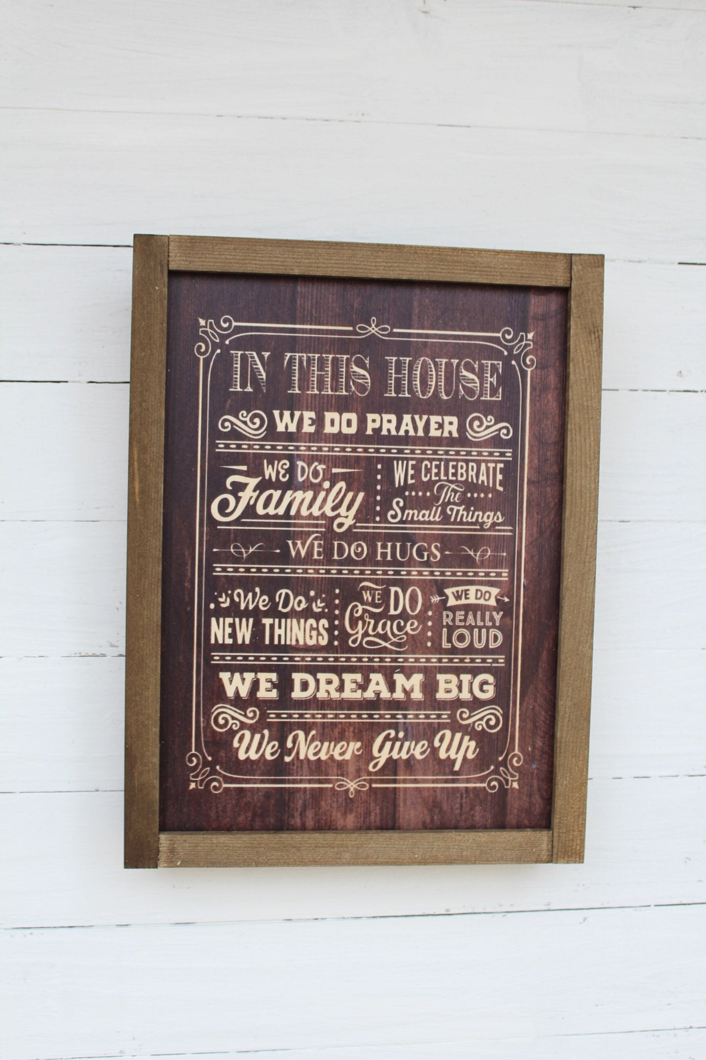 In This House Wood Sign Family Celebrate Hugs Grace Loud Dream Big Never Give Up Print Farmhouse Rustic Barnwood Pray Rules List