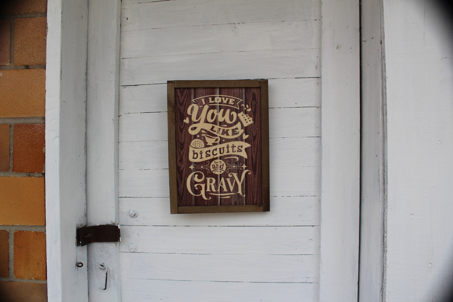 Biscuits and Gravy Kitchen Wood I Love You Sign Print Farmhouse Rustic Barnwood Silly Goofy Text Scroll Framed Wall Art Wood Sign