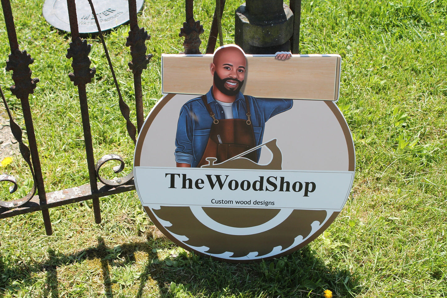 Woodshop Character Personalized Waterproof Sign Contoured Smooth Round Outdoor Ready for Business Logo Great for hanging or wall mounted