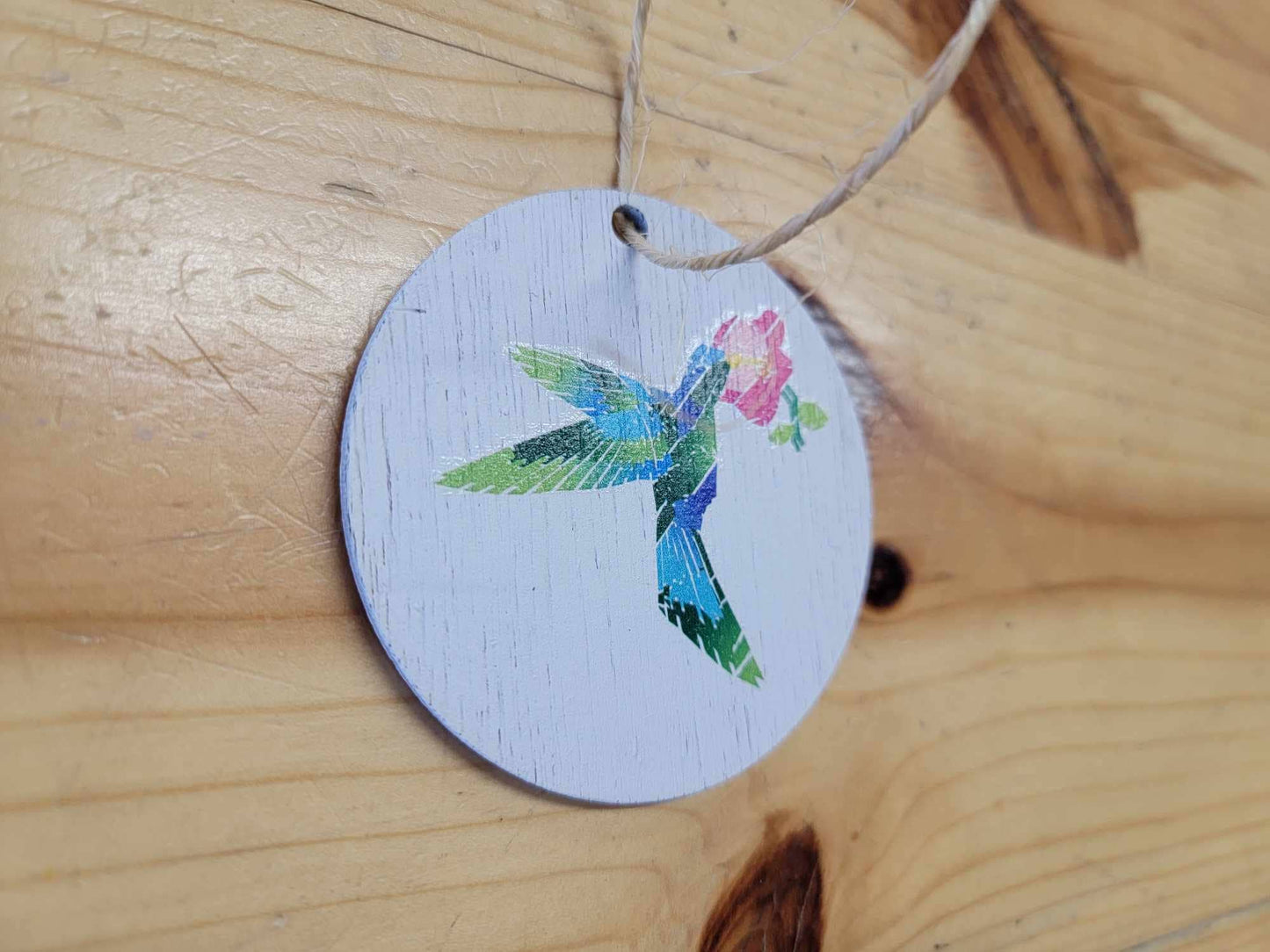 Barn Quilt Hummingbird Ornament Wood Slice Geometric Bird with Flower Pastel Christmas Tree Primitive Rustic Farmhouse