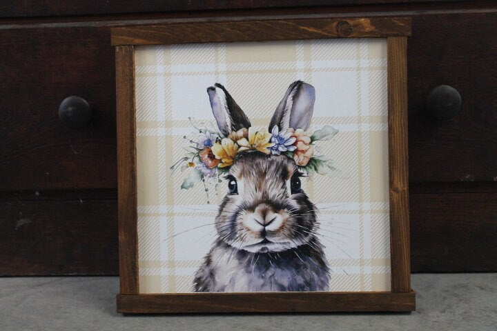 Bunny Decor Easter Spring Floral Flower Crown Plaid Handmade Home Decor Printed Framed Rabbit Cute Bright Animals