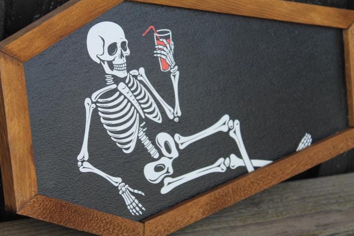 Skeleton in a Coffin Drinking Halloween Lounging Spooky Porch Prop Wooden Decor Fall Decoration Sign Haunted Grave Yard Theme Wall Hanging
