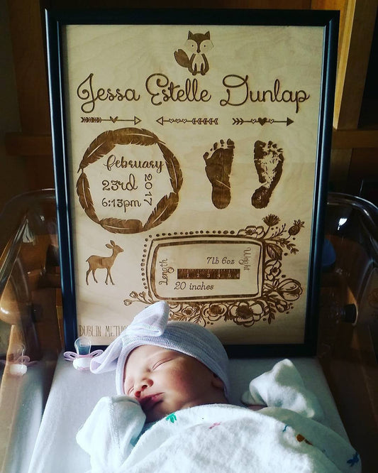 Birth Announcement, Actual Photo, Real Footprints, Custom, Gift for New Mother, Personalize, Wood, Laser Engraving, Footstepsinthepast