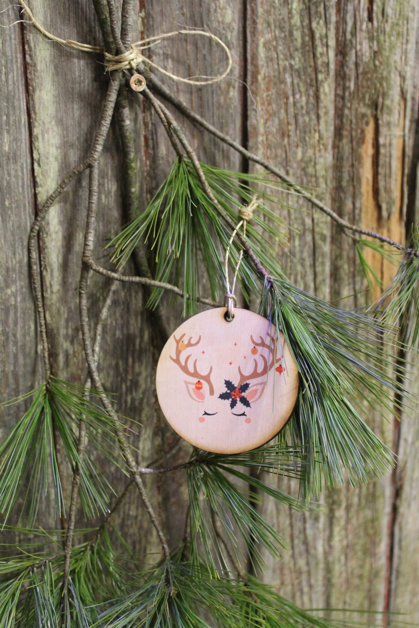 Set of 3 Unicorn Face Ornament Reindeer Antlers Wood Slice Poinsettia Horn Eyelashes Up-close Primitive Christmas Ornament Rustic Tree Print