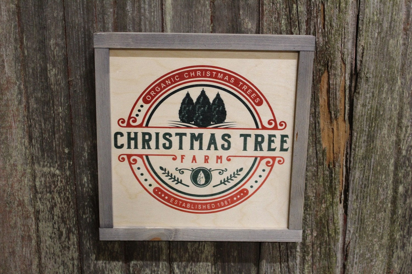 Framed Organic Christmas Tree Wood Sign Pallet Sign Red and Green Evergreen Pine Trees Established Christmas Decor Farm Print Wall Art