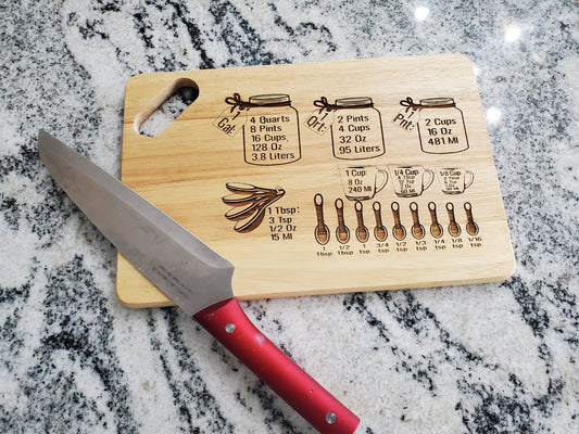 Kitchen Conversion Chart Graph Gift Hardwood Engraved Cutting Board Wood Kitchen Accessory Cups Measuring Spoons Tablespoons Measurement