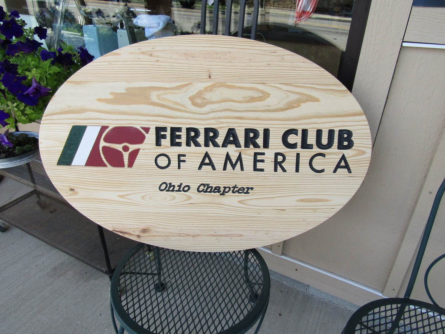 Automotive Car Club Vehicle Engraved Pine Color Filled Routed Sterring Wheel Logo Oval Large Handmade CNC Indoor Outdoor Commerical Signage