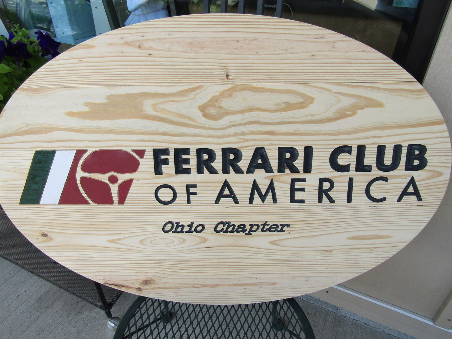 Automotive Car Club Vehicle Engraved Pine Color Filled Routed Sterring Wheel Logo Oval Large Handmade CNC Indoor Outdoor Commerical Signage