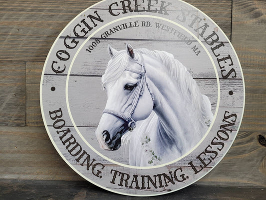 Horse Stable Riding Lessons Sign Address PVC Textured Round Woodgrain Printed Weather Fade Proof Resistant Heavy Duty Custom Personalized