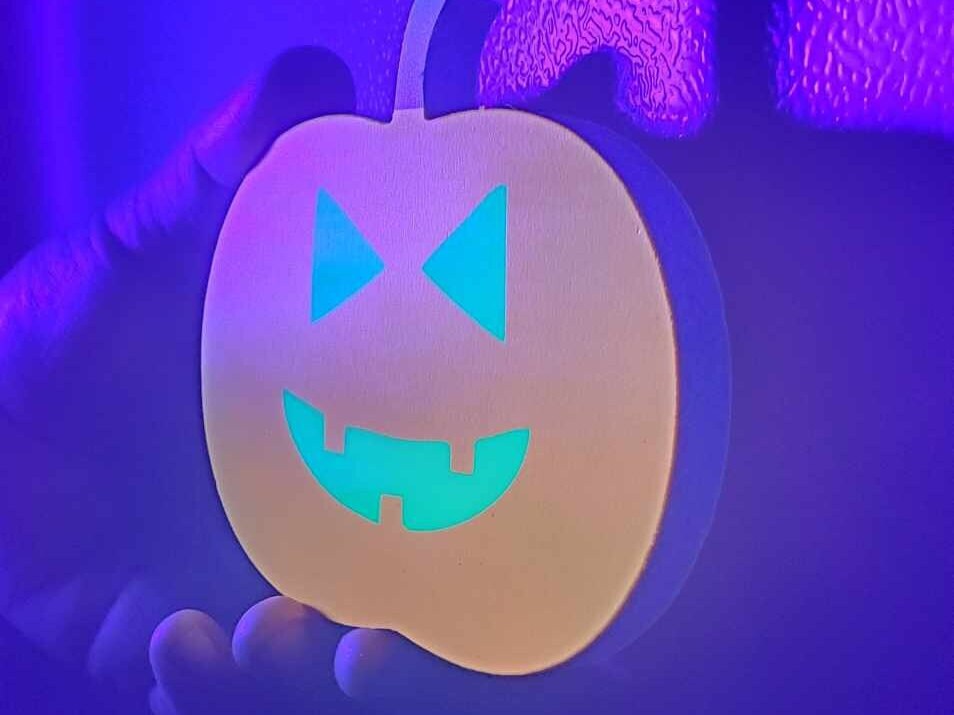 Spooky Jack o Lantern Teeth Pumpkin Halloween Decor Self Sitter Fluorescent Black Light Several Sizes Patch Haunted House Party PVC