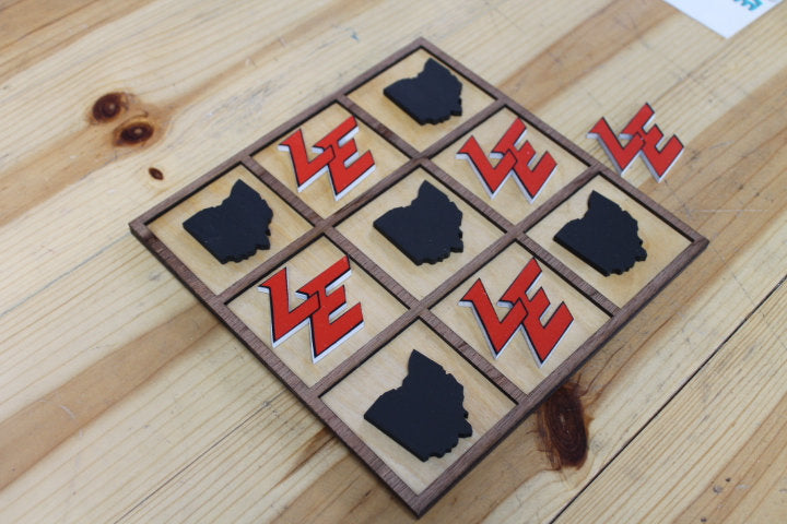 Logan Elm LE Elm Tree Red Ohio School Mascot Gift Spirit Handmade Tic Tac Toe Stained Game Wooden Vacation Family boardgame cut engraved