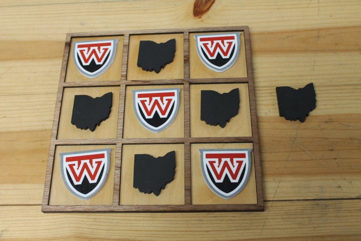Westfall Mustangs Sheild Ohio School Mascot Gift Spirit Handmade Tic Tac Toe Stained Game Wooden Vacation Family boardgame cut engraved