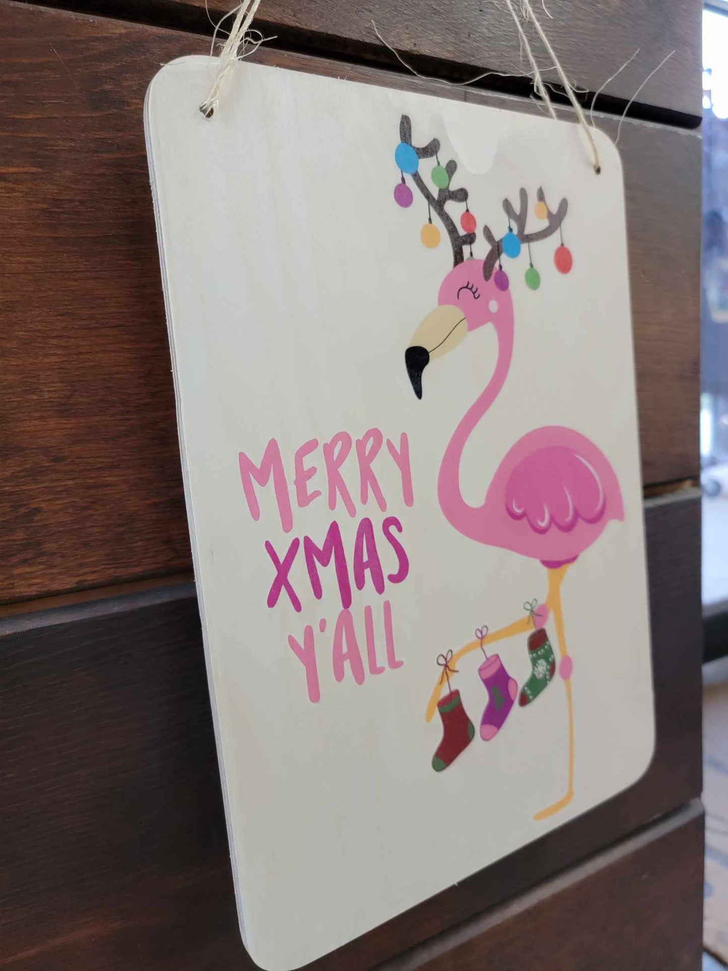 Flamingo Sign Merry Christmas Y'all Beach Sign Stocking Lights Holiday Decoration Rustic Wooden Wall Decor Wood Print