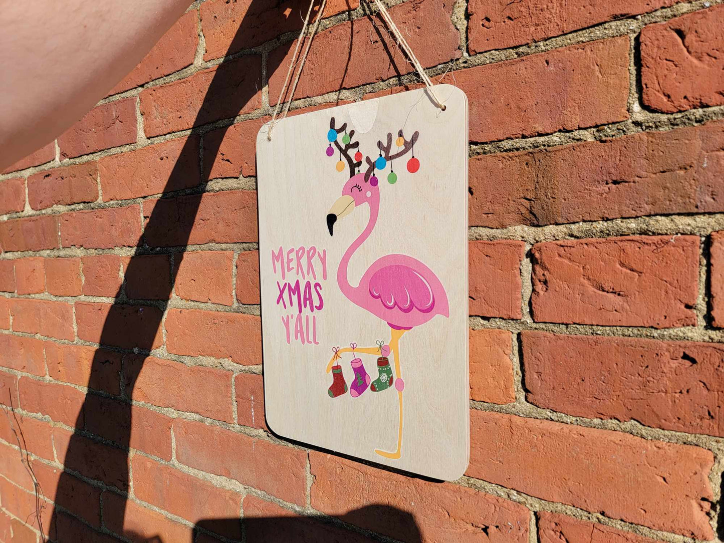 Flamingo Sign Merry Christmas Y'all Beach Sign Stocking Lights Holiday Decoration Rustic Wooden Wall Decor Wood Print