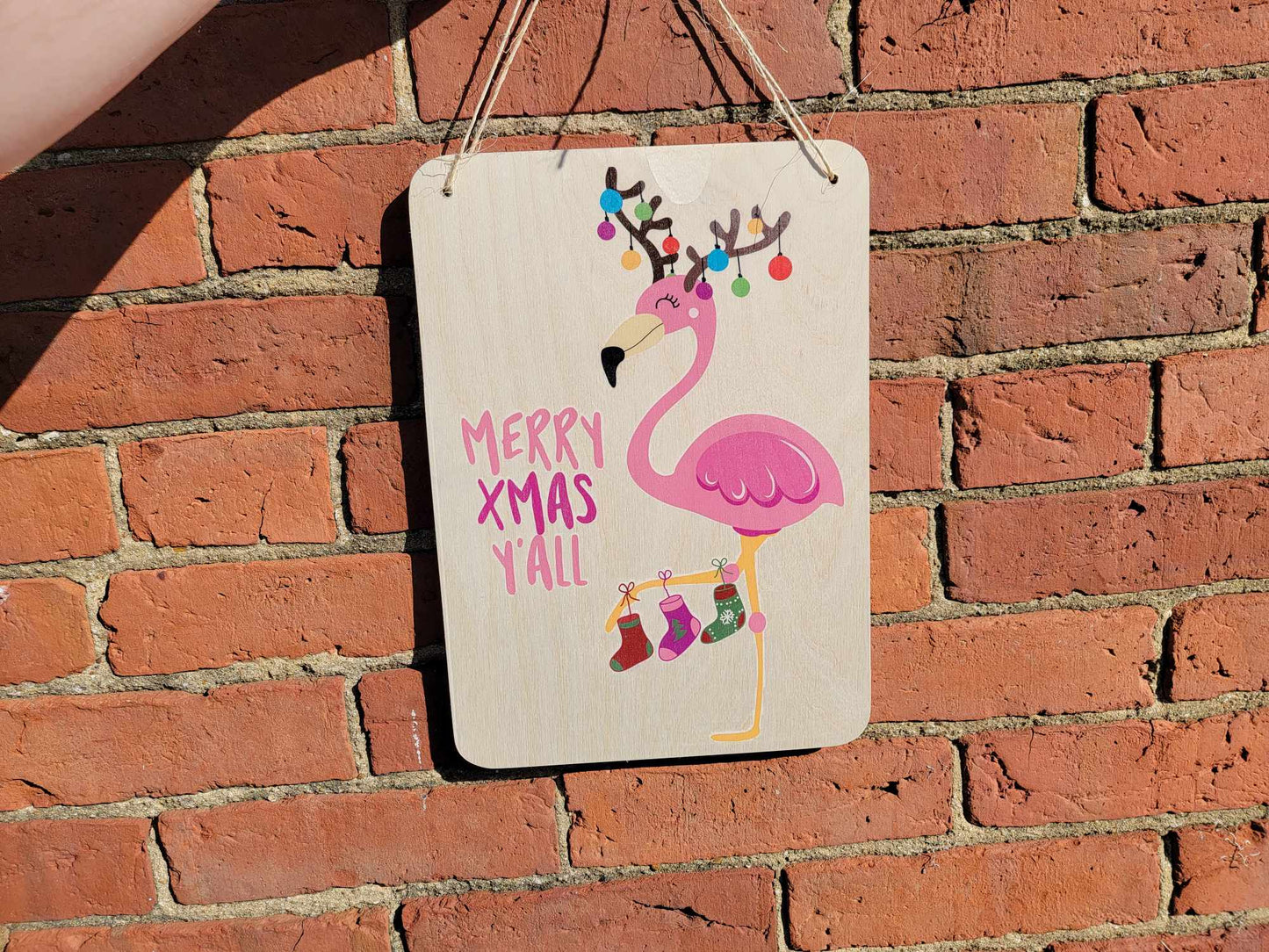 Flamingo Sign Merry Christmas Y'all Beach Sign Stocking Lights Holiday Decoration Rustic Wooden Wall Decor Wood Print