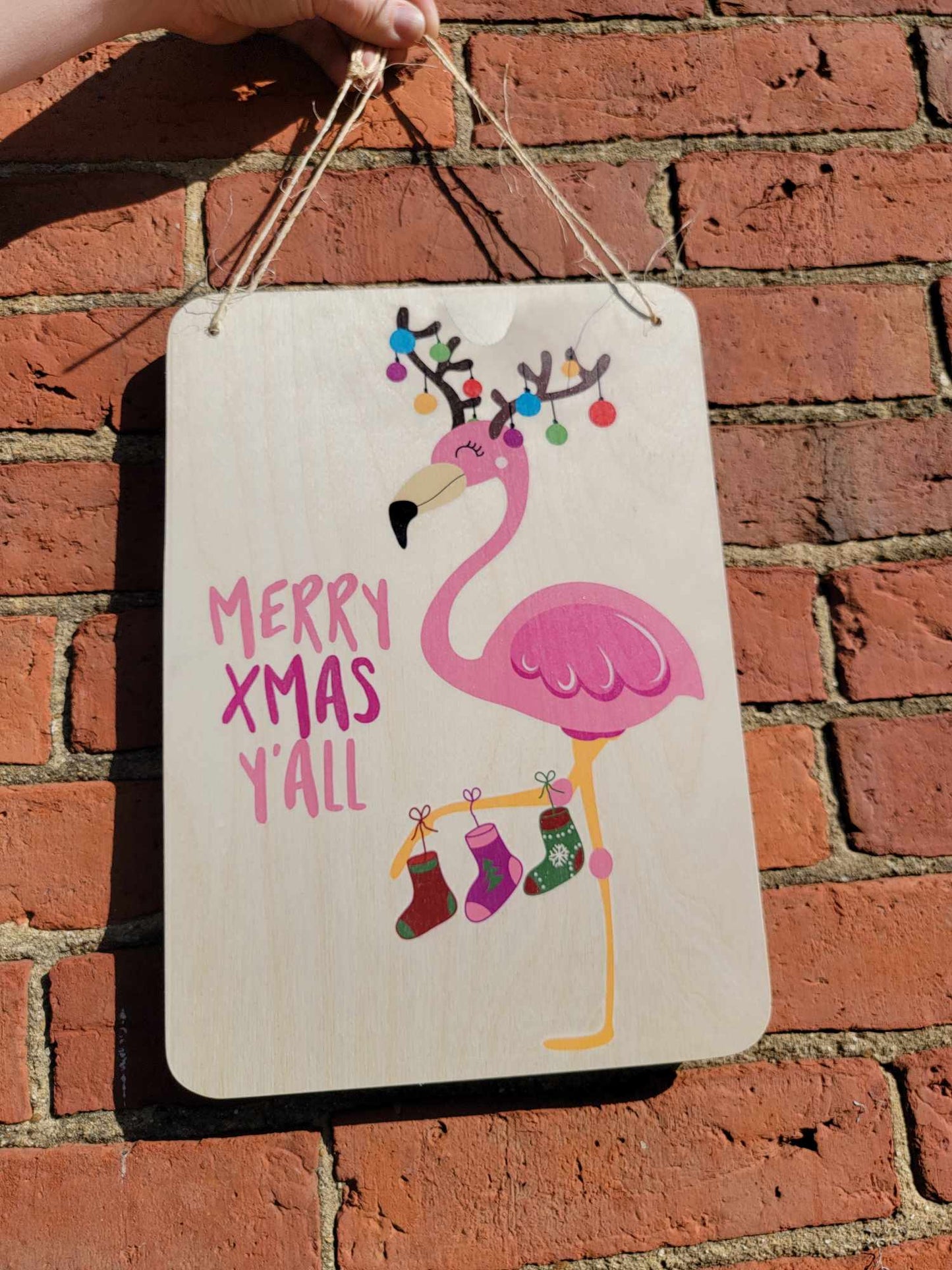 Flamingo Sign Merry Christmas Y'all Beach Sign Stocking Lights Holiday Decoration Rustic Wooden Wall Decor Wood Print