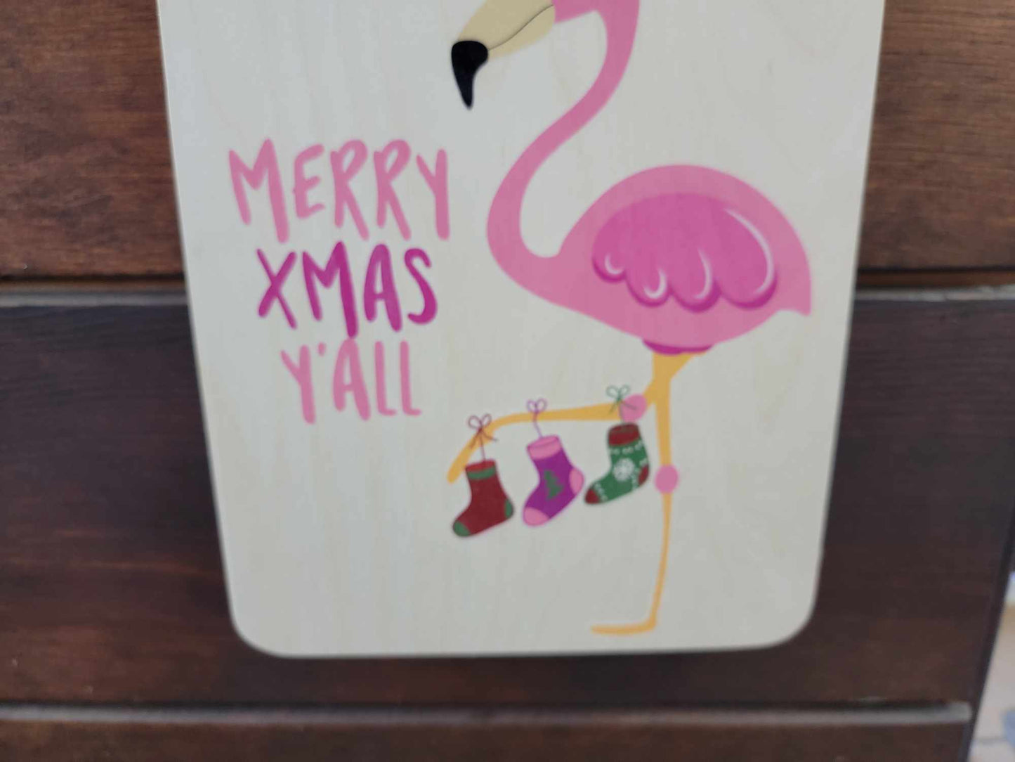 Flamingo Sign Merry Christmas Y'all Beach Sign Stocking Lights Holiday Decoration Rustic Wooden Wall Decor Wood Print