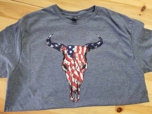 American Flag Print Longhorn Skull Shirt