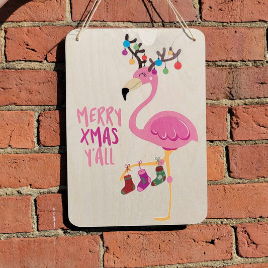Flamingo Sign Merry Christmas Y'all Beach Sign Stocking Lights Holiday Decoration Rustic Wooden Wall Decor Wood Print