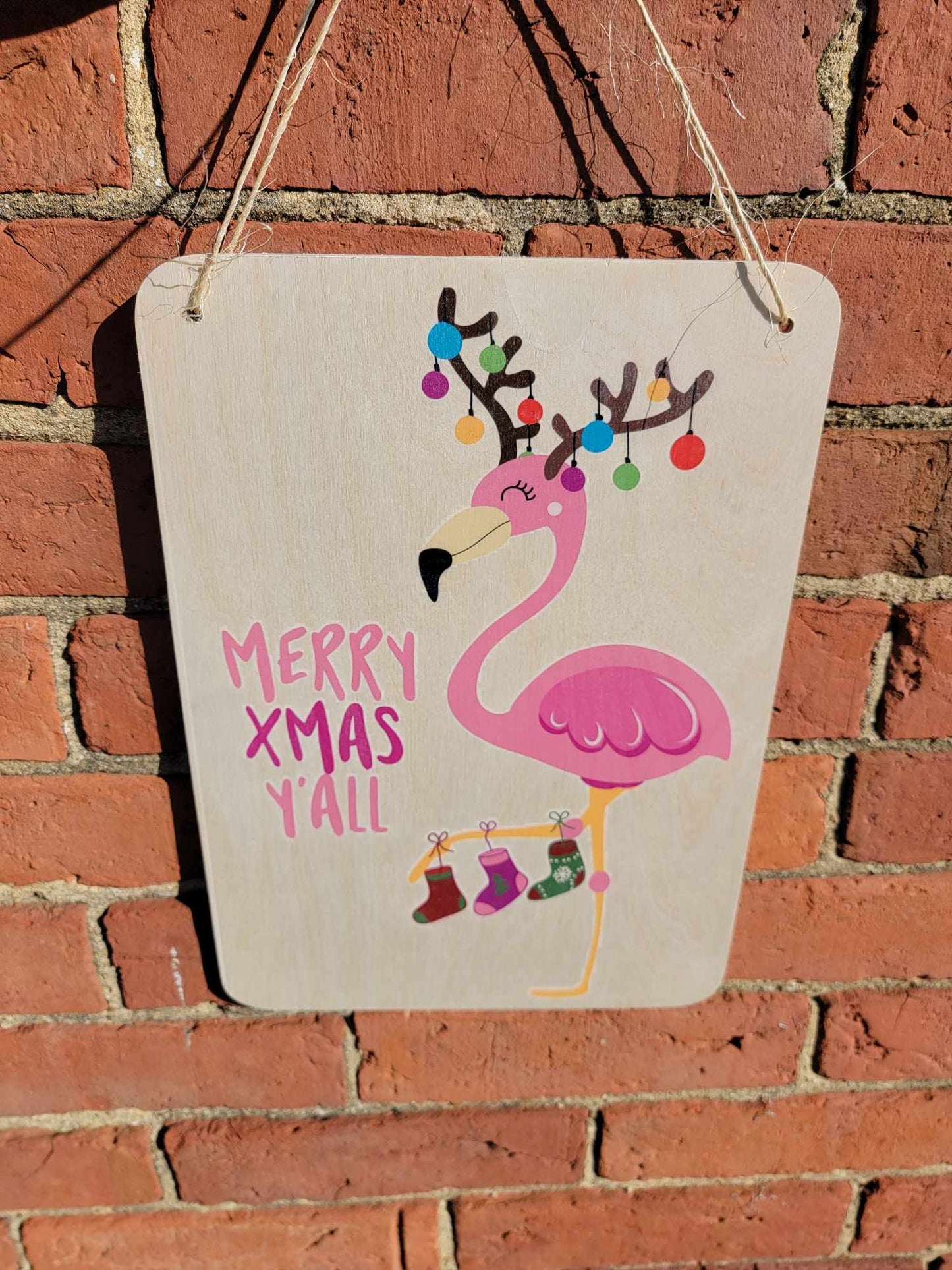 Flamingo Sign Merry Christmas Y'all Beach Sign Stocking Lights Holiday Decoration Rustic Wooden Wall Decor Wood Print