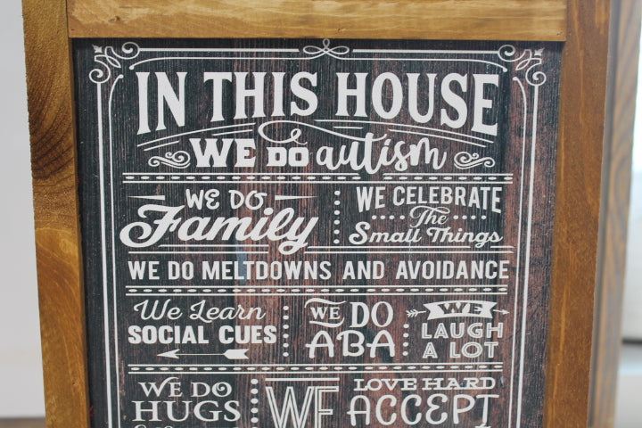 In This House We Do Autism Wood Sign Family Social Cues Celebrate ABA Hugs Prayer Wall Art Print Rustic Pallet Wood Hugs Love Meltdowns