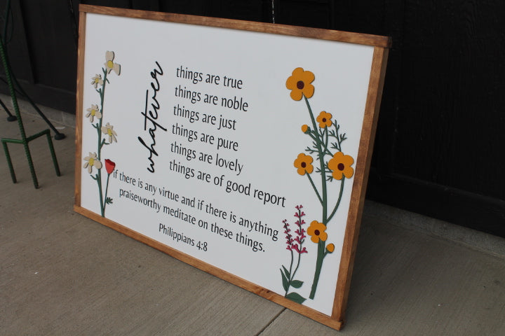 Whatever is True Philippians 4:8 Raised Floral Printed Image Uplifting Faith Bible Verse Spiritual Home Decor Handmade Library Remind Beauty