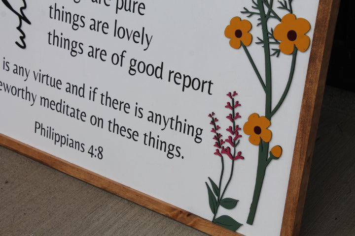 Whatever is True Philippians 4:8 Raised Floral Printed Image Uplifting Faith Bible Verse Spiritual Home Decor Handmade Library Remind Beauty