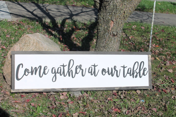 come gather at our table sign Large framed wood five foot shabby chic rustic motif farmhouse come gather at our table white and ebony