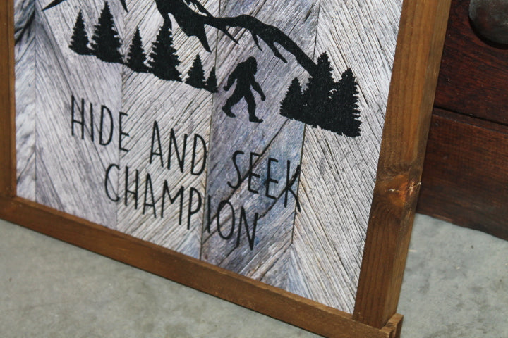 Bigfoot Wood Sign Hide and Seek Champion Sasquatch Undefeated  Big Foot Rustic Wooden Sign Wall Decor Art Plaque Wood Print Farmhouse