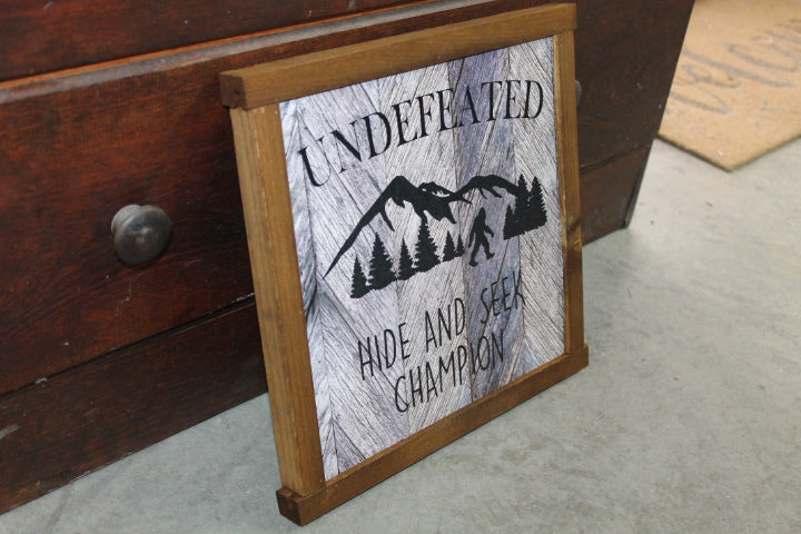 Bigfoot Wood Sign Hide and Seek Champion Sasquatch Undefeated  Big Foot Rustic Wooden Sign Wall Decor Art Plaque Wood Print Farmhouse