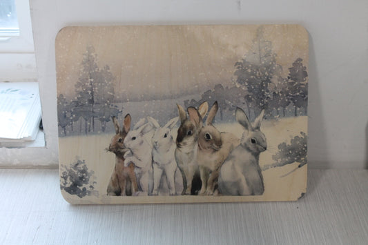 Bunny Rabbit Hare Winter Snow Forest Scenery Rustic Vintage Wooden Sign Wall Decor Art Plaque Wood Print