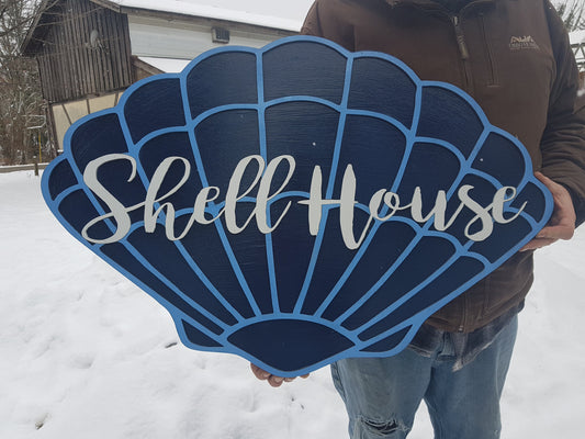 Custom Beach Wood Sign Shell Contour Ocean Nautical Sign Address Sign Raised Text Graphic 3D Large wood sign Commercial signage