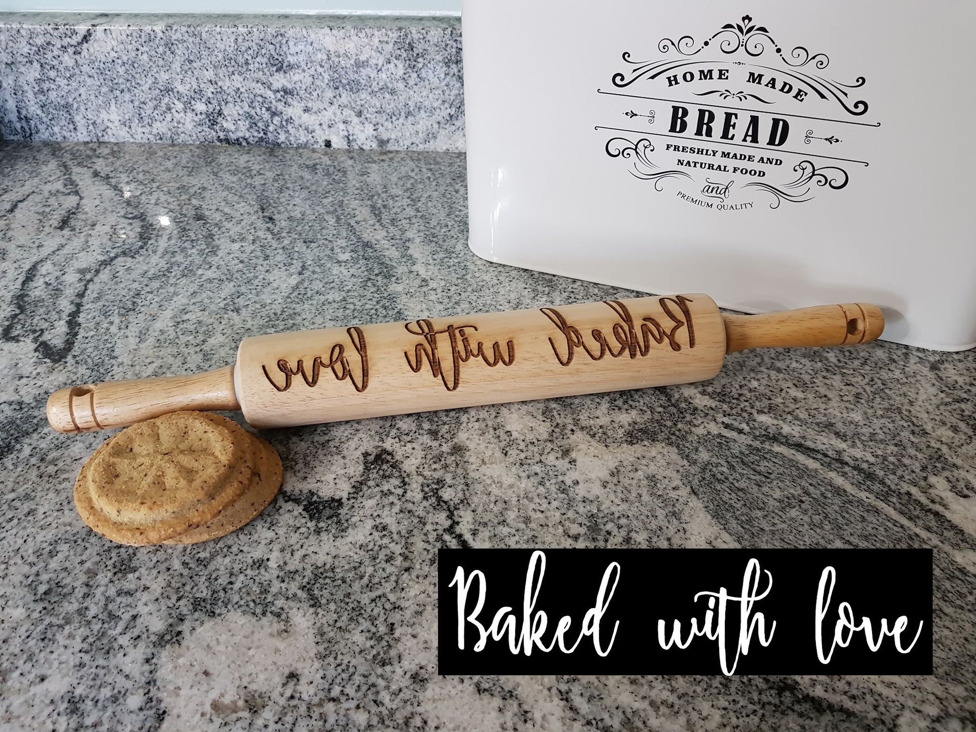 Baked with love, Phrase, Saying, Quote, Texture, Embossed, Engraved, Wooden Rolling Pin, Cookie Stamp, Laser, Hardwood 10 inch, pottery