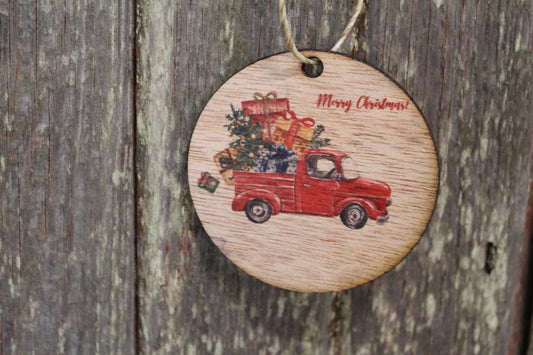 Ornament Merry Christmas Red Vintage Truck Full of Presents Gifts Script Text Wood Wall Hanging Tree Rustic Farmhouse Wood