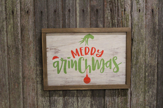 Merry Grinchmas Grinch hand holding ornament Christmas sign rustic white washed wood brown frame made in the USA