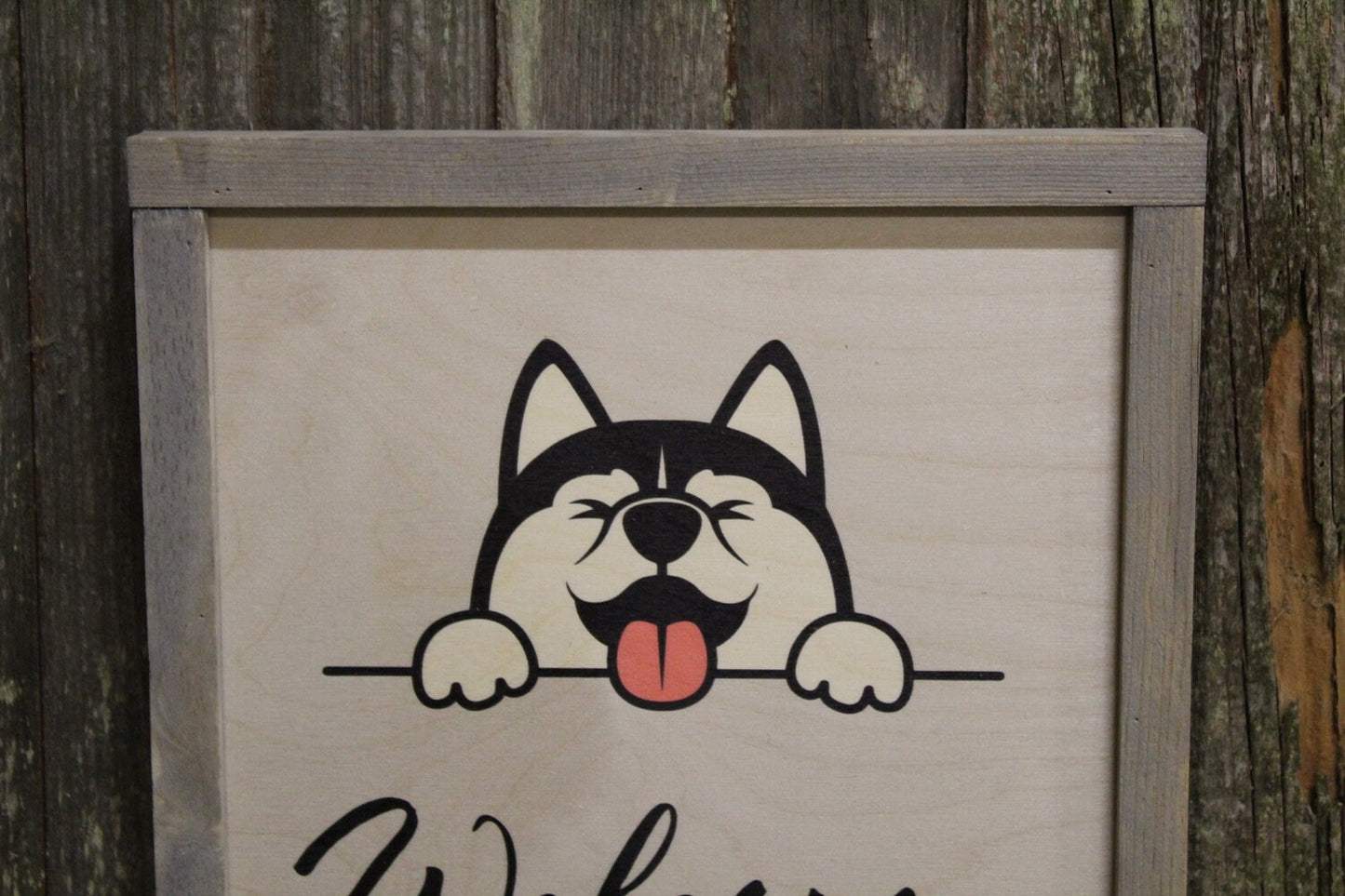 Welcome Siberian Husky Sign Wood Dog Puppy Cute Tongue Framed Print Hi Hello Cartoon Pup Primitive Rustic Picture Wall Art Decoration