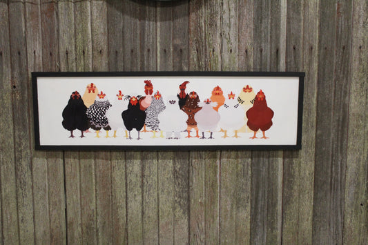 Framed Chicken Sign Large Over Sized Flock Rooster Hen Assorted Breeds Colored Wood Print Silkie Rhode Island Red Wyandotte