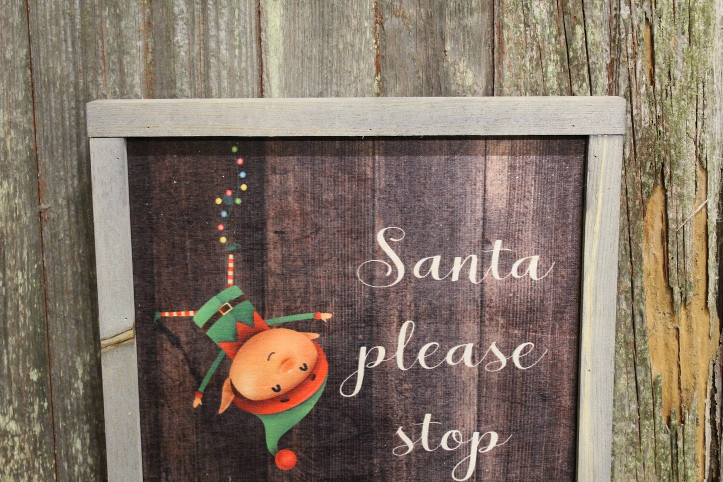 Santa Please Stop Here! Wood Sign Hanging Silly Upside Down Elf Christmas Décor Pallet Sign Framed Rustic Primitive Printed Wall Art