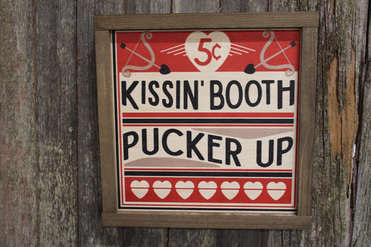 Kissin' Booth Wood Sign Pucker Up Valentines Day Hearts Red Love Kissing Brown Framed Print Wall Art Farmhouse Primitive Rustic Cupids Arrow