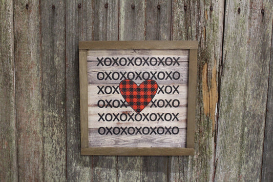 Valentines Wood Sign XOXO Text Buffalo Plaid Heart Sweetest Day Valentines Day Red Shiplap Print Art Farmhouse Primitive Rustic