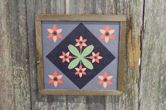 Flower Barn Quilt Wood Floral Bloom Diamond Sign Pastel Country Brown Framed Square Pattern Block Print Wall Art Farmhouse Primitive Rustic