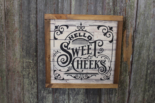 Hello Sweet Cheeks Bathroom Wood Sign Décor Print Wall Art Decoration Wall Hanging Farmhouse Rustic Shiplap Funny Humor Retro Scroll