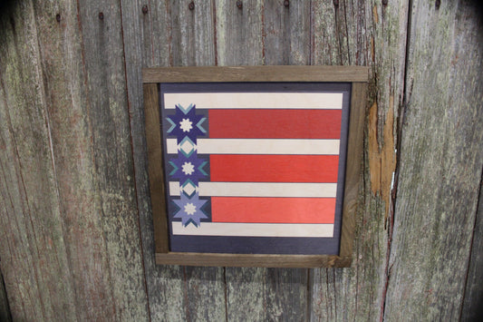 Patriotic Barn Quilt Wood Sign Red White Blue Stripe Stars Country Brown Framed Print Wall Art Farmhouse Primitive Rustic