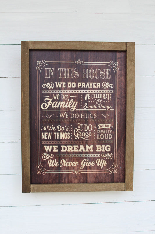 In This House Wood Sign Family Celebrate Hugs Grace Loud Dream Big Never Give Up Print Farmhouse Rustic Barnwood Pray Rules List