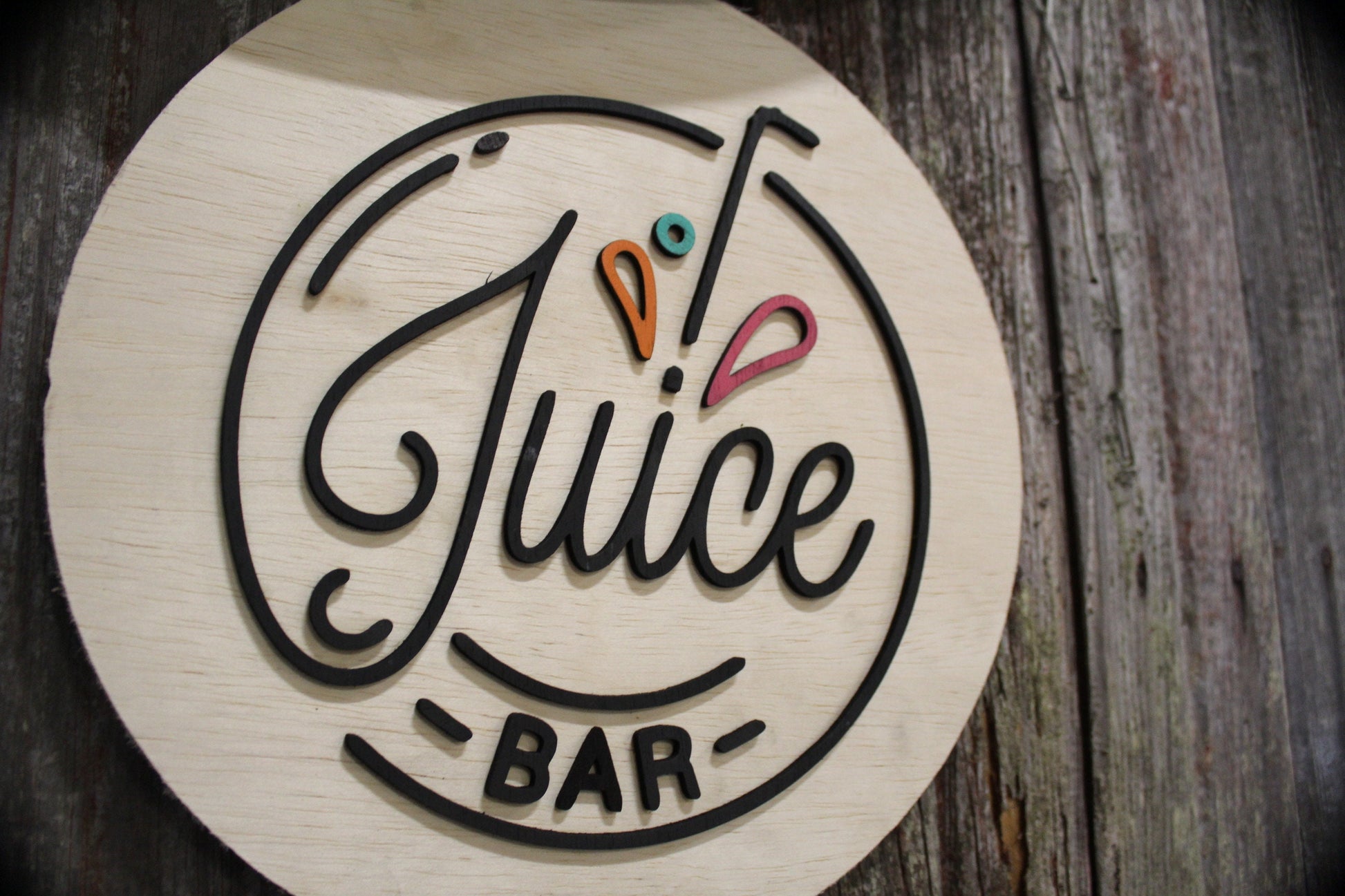 Round Juice Bar Sign Juice Stand 3D Text Large Contemporary Business Sign Straw Fruit Design Wall Art Decoration Wood Sign Lemonade