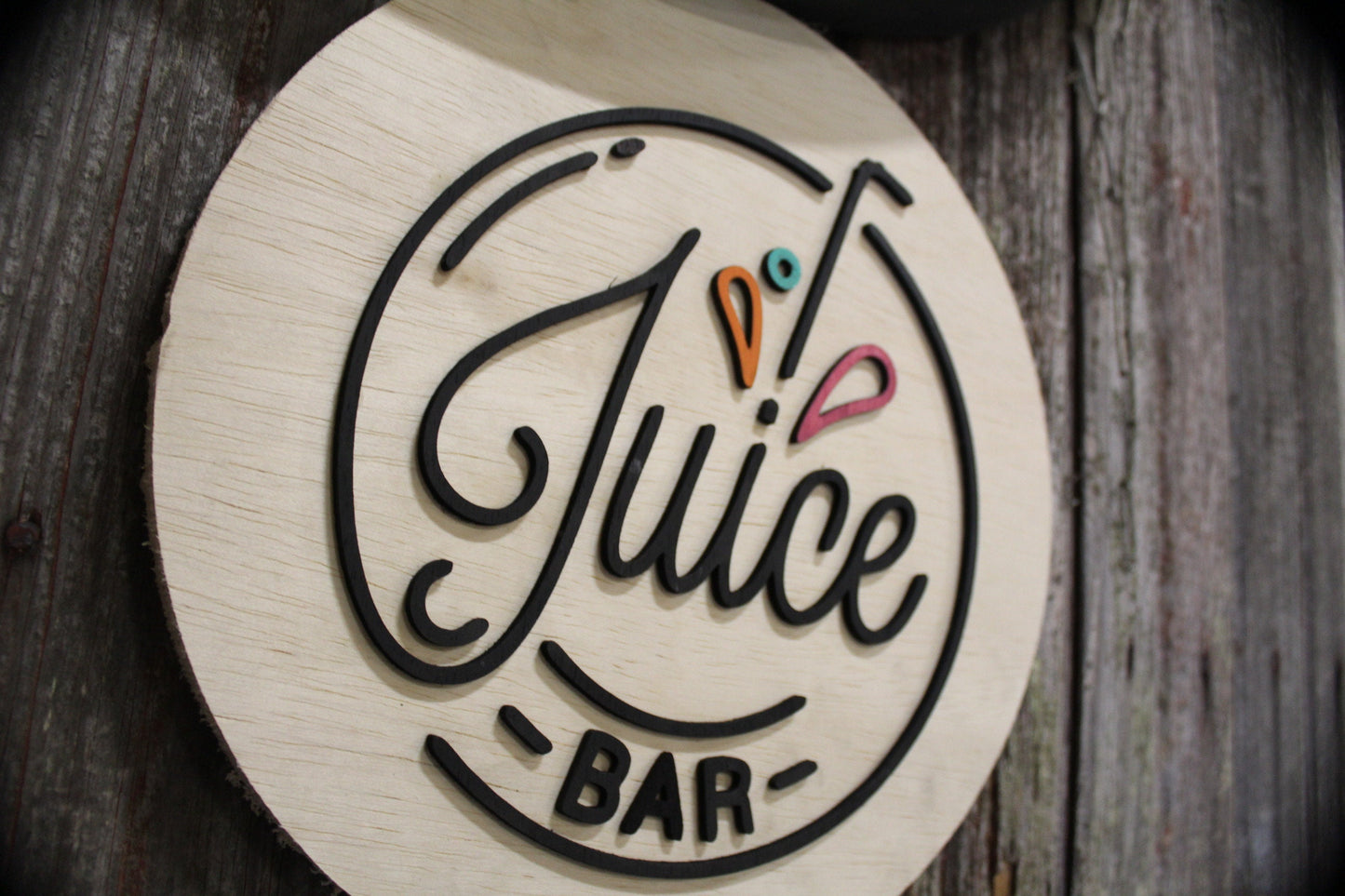 Round Juice Bar Sign Juice Stand 3D Text Large Contemporary Business Sign Straw Fruit Design Wall Art Decoration Wood Sign Lemonade